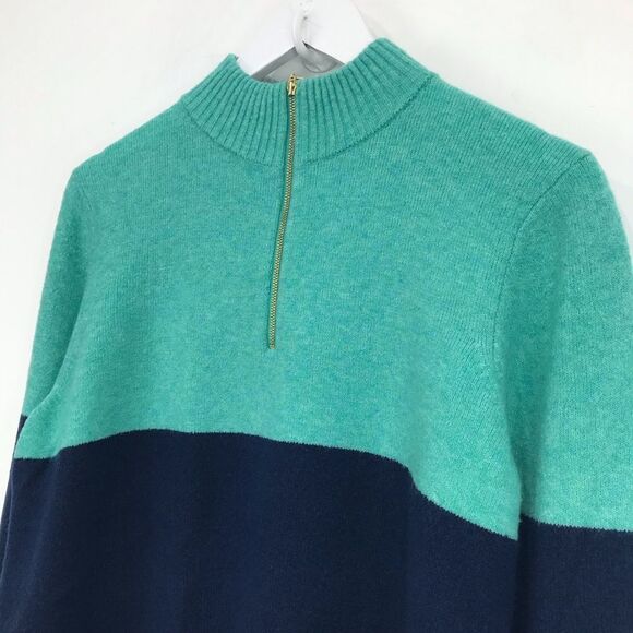 J. Crew Factory Teal Navy Colorblock Quarter Zip Soft Yarn Pullover Sweater - Picture 4 of 16